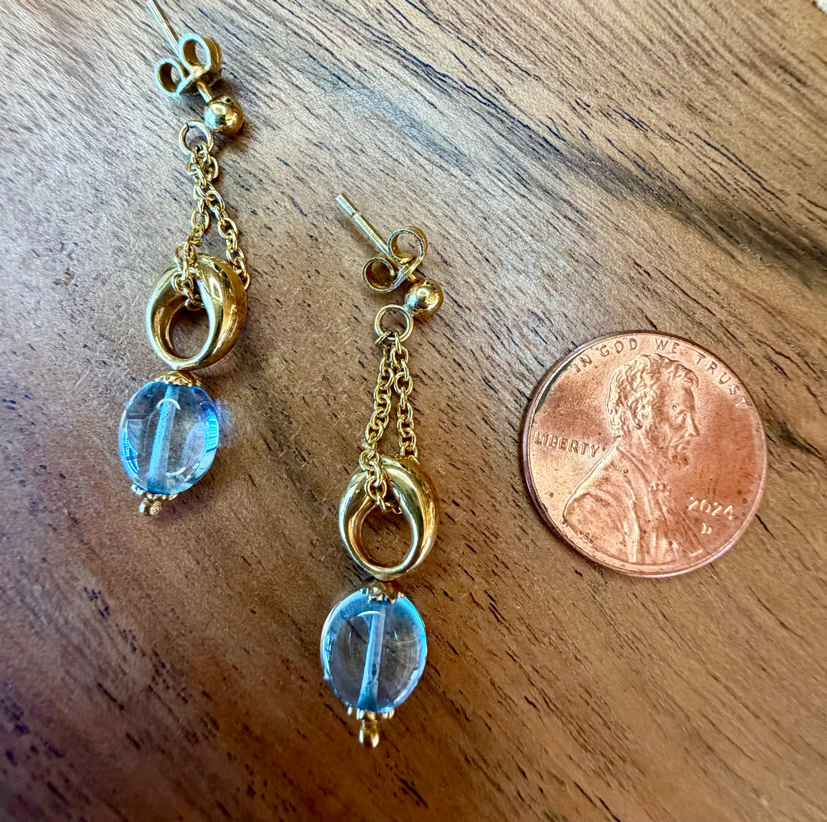 14K Gold Pierced Aqua Earrings