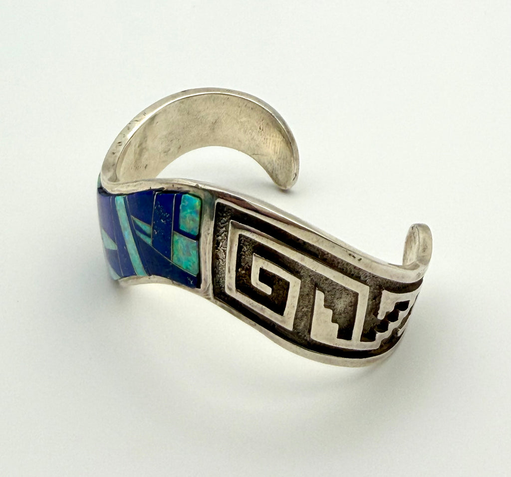 Sterling Silver Lapis & Opal Native American Bracelet Signed by Artist