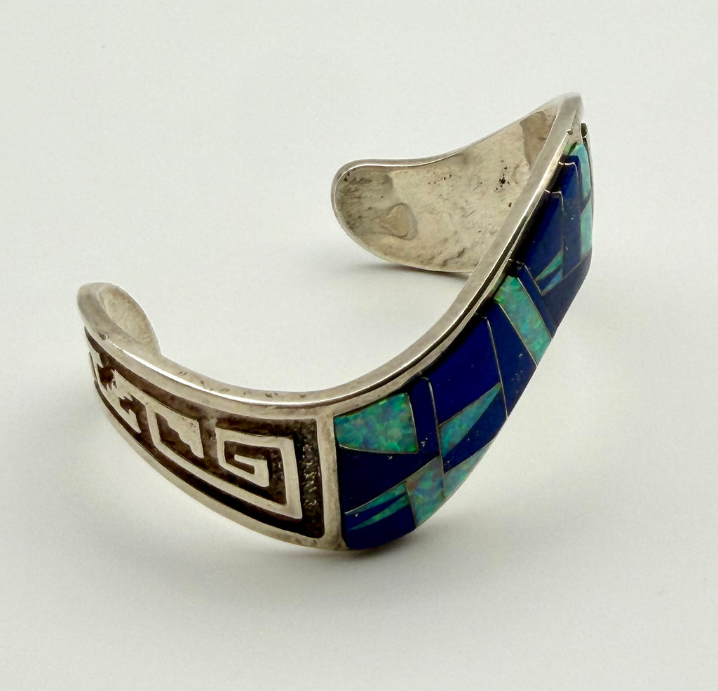 Sterling Silver Lapis & Opal Native American Bracelet Signed by Artist
