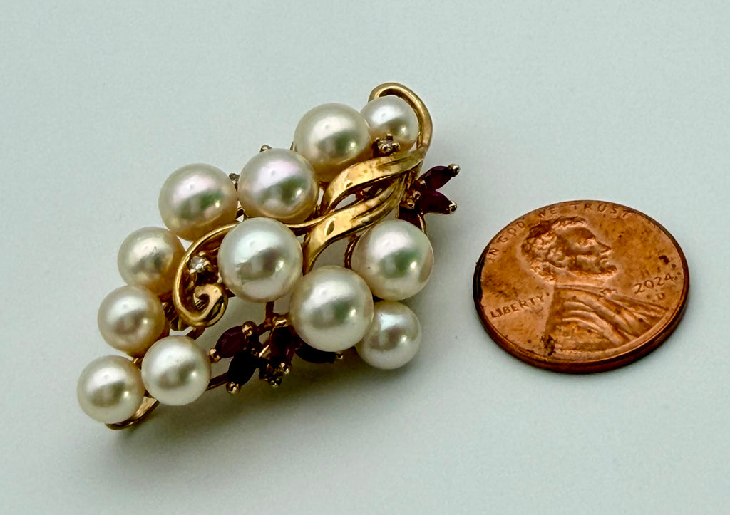 14 KT Gold Ruby & Pearl Brooch