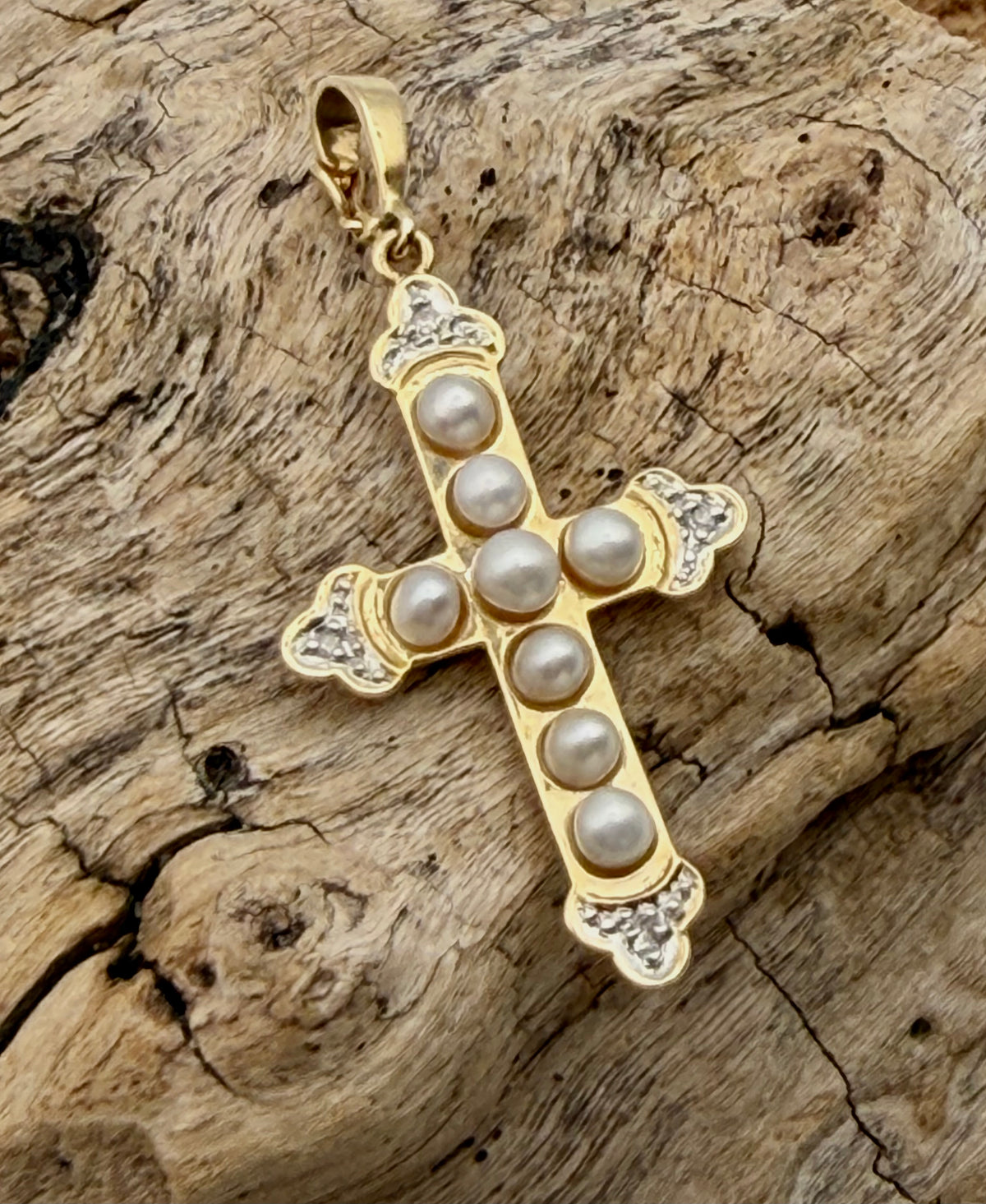 14 KT Gold Cross with Pearls & Diamonds