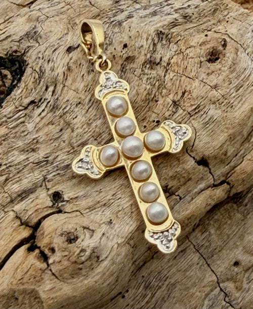 14 KT Gold Cross with Pearls & Diamonds