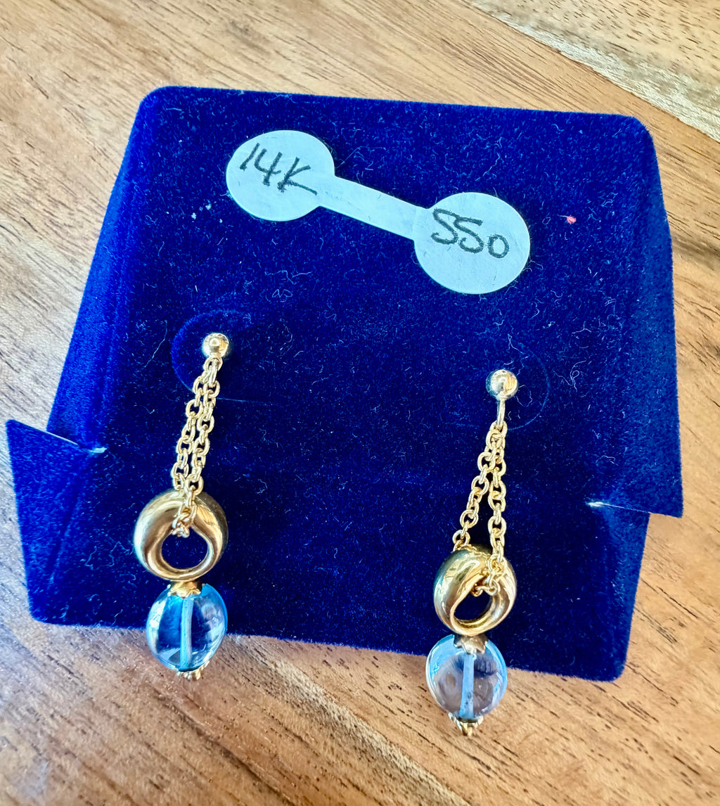 14K Gold Pierced Aqua Earrings