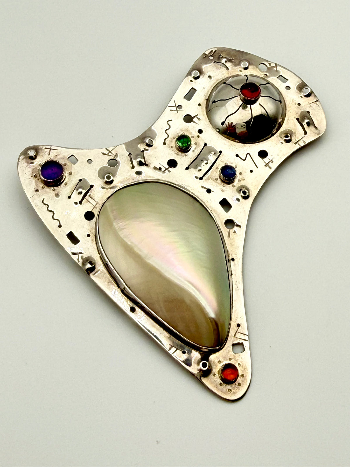 Sterling Silver Brooch With Stones & Shell Signed By Artist