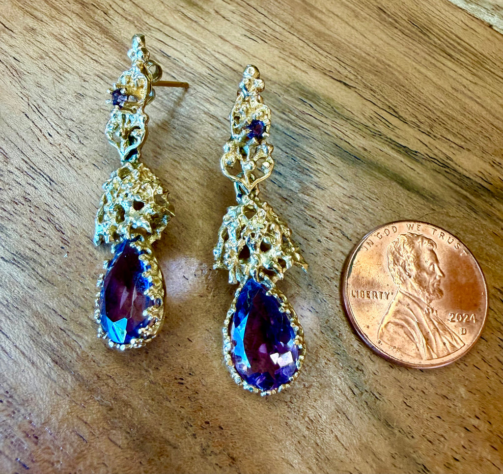 10K Gold Amethyst Dangle Earrings Pierced