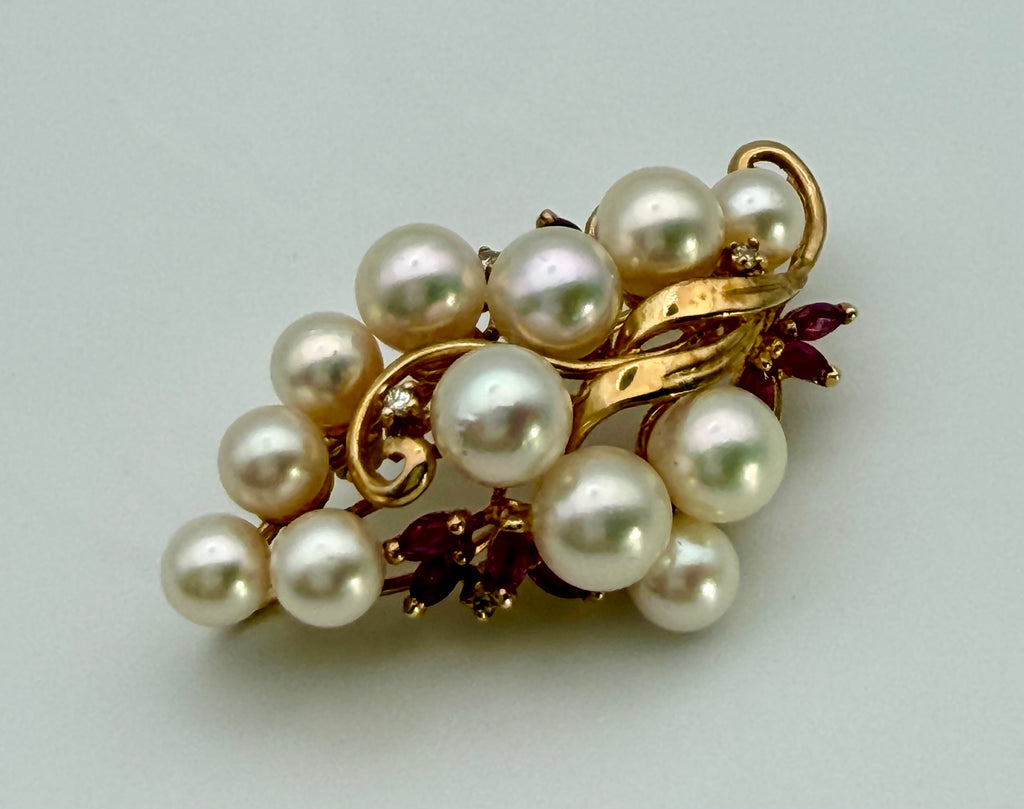 14 KT Gold Ruby & Pearl Brooch