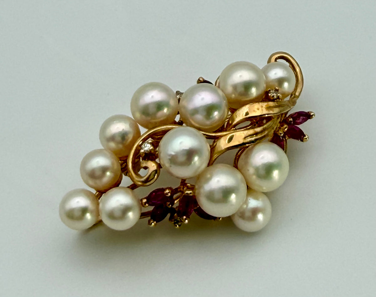 14 KT Gold Ruby & Pearl Brooch