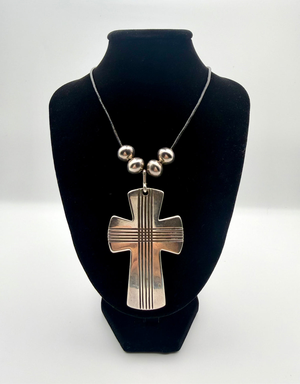 Large Sterling Silver Cross on Cord with 4 Silver Small Balls  ￼