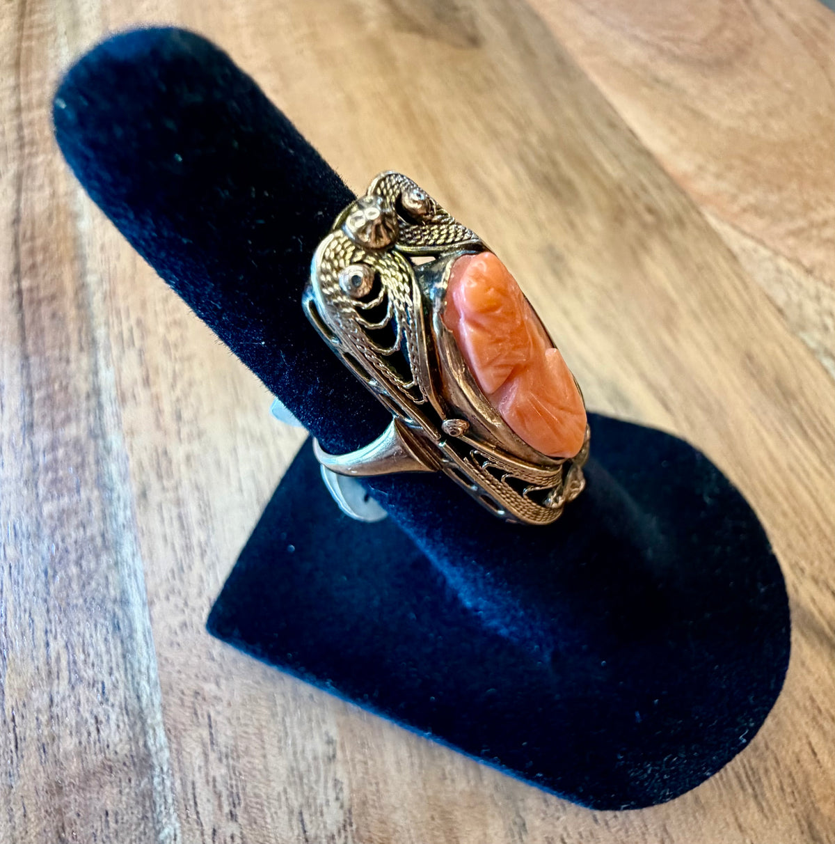 10K Gold Coral Cameo Pinky Ring