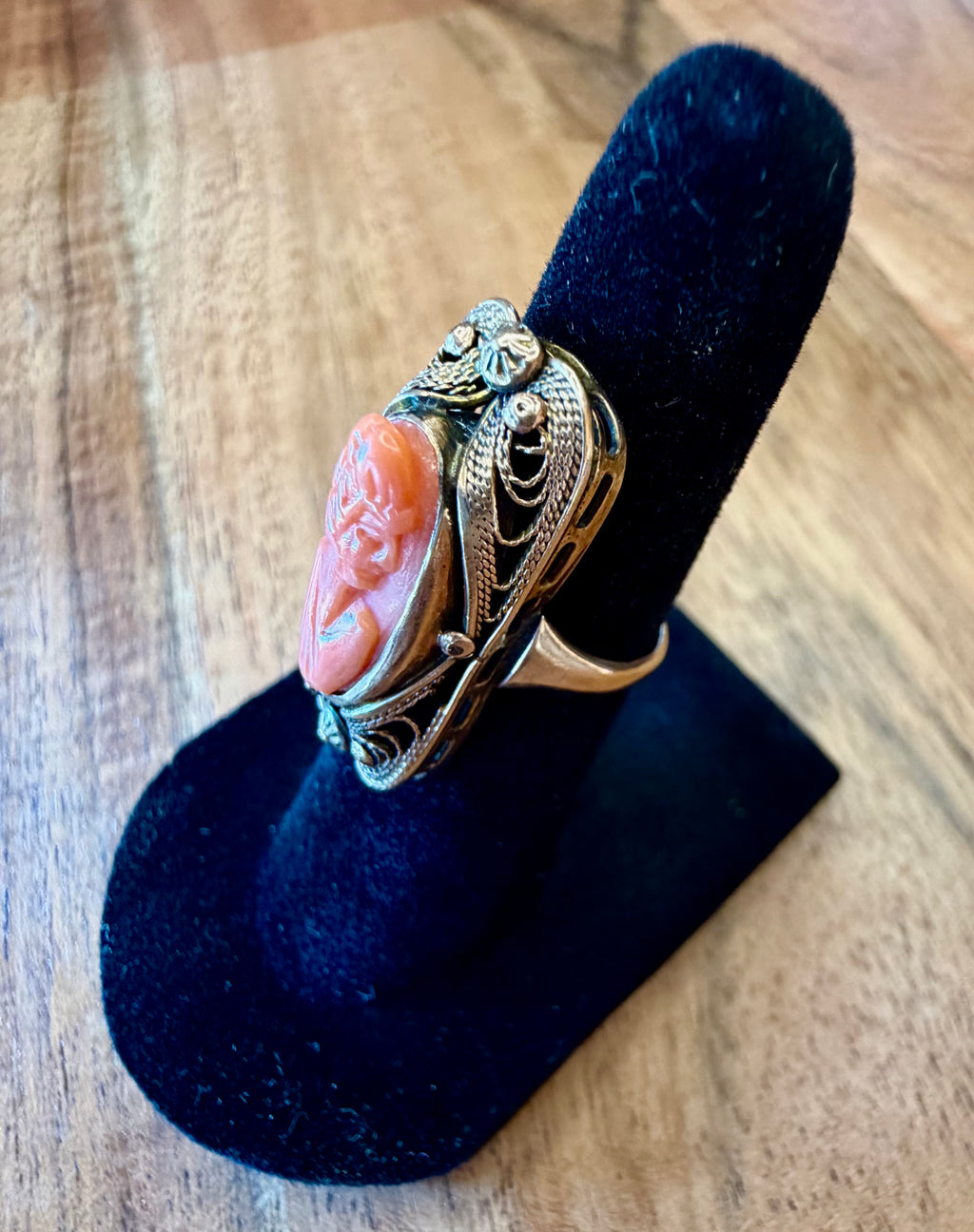 10K Gold Coral Cameo Pinky Ring