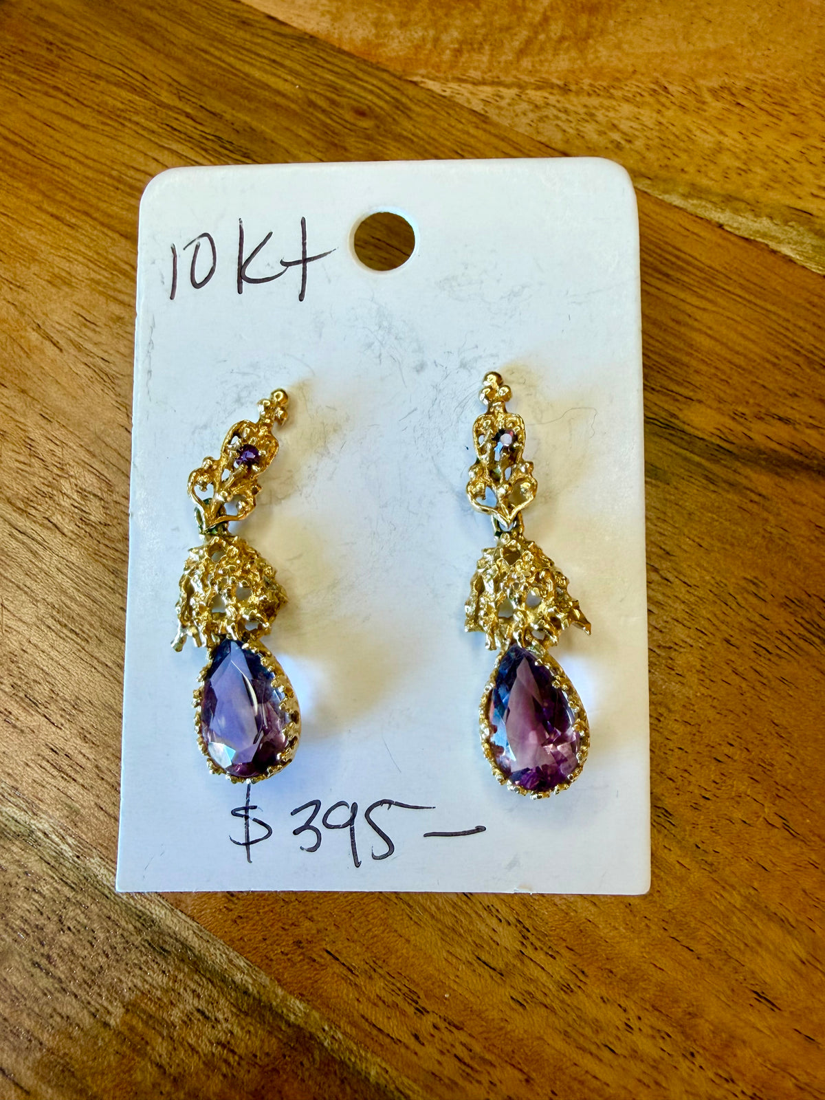 10K Gold Amethyst Dangle Earrings Pierced