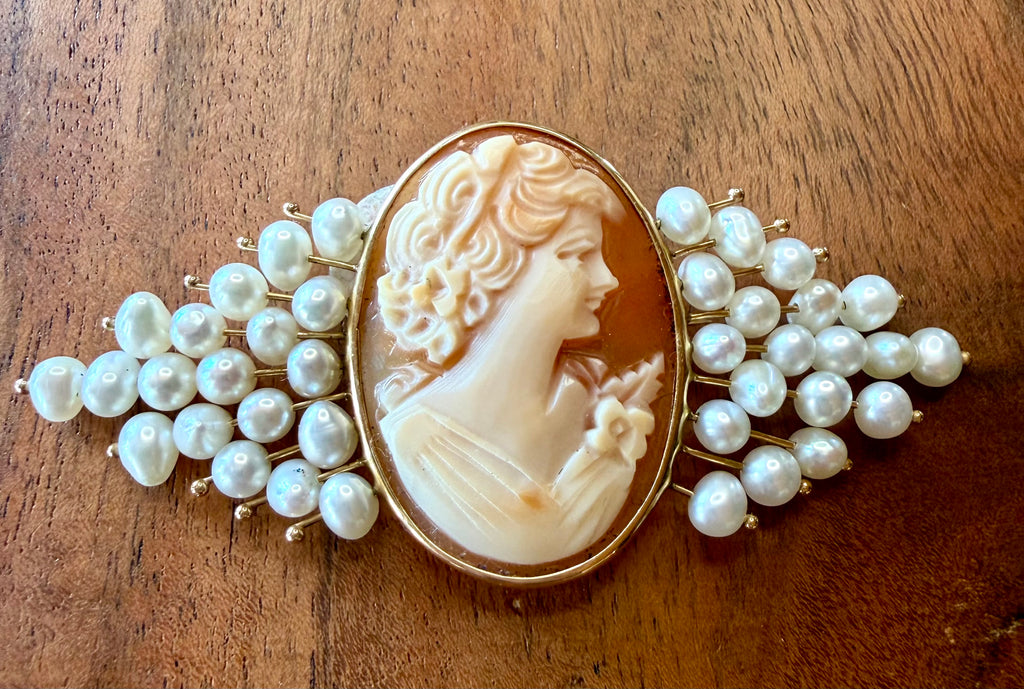14K Gold & Pearl Cameo Brooch