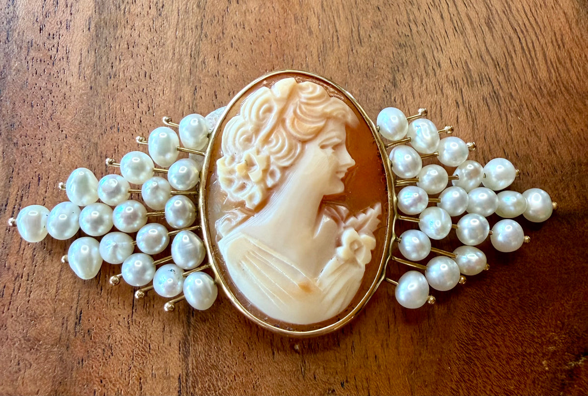 14K Gold & Pearl Cameo Brooch