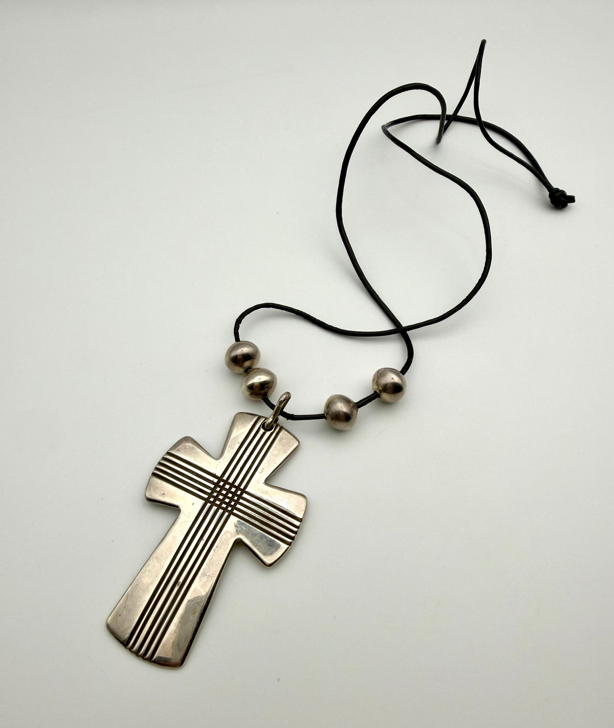 Large Sterling Silver Cross on Cord with 4 Silver Small Balls  ￼