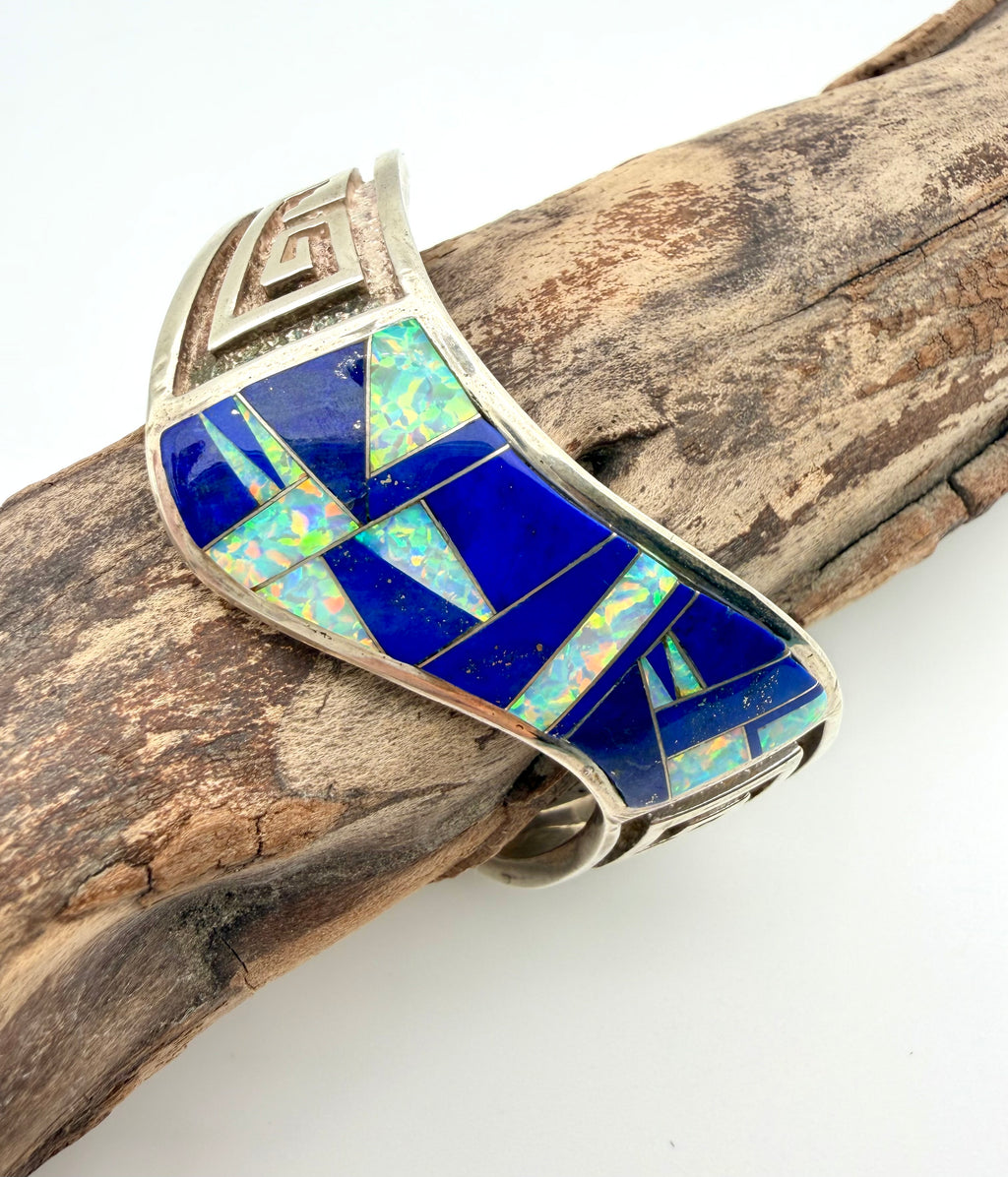 Sterling Silver Lapis & Opal Native American Bracelet Signed by Artist