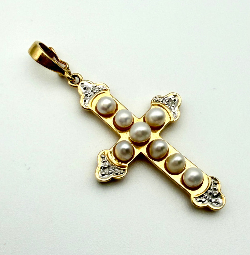 14 KT Gold Cross with Pearls & Diamonds