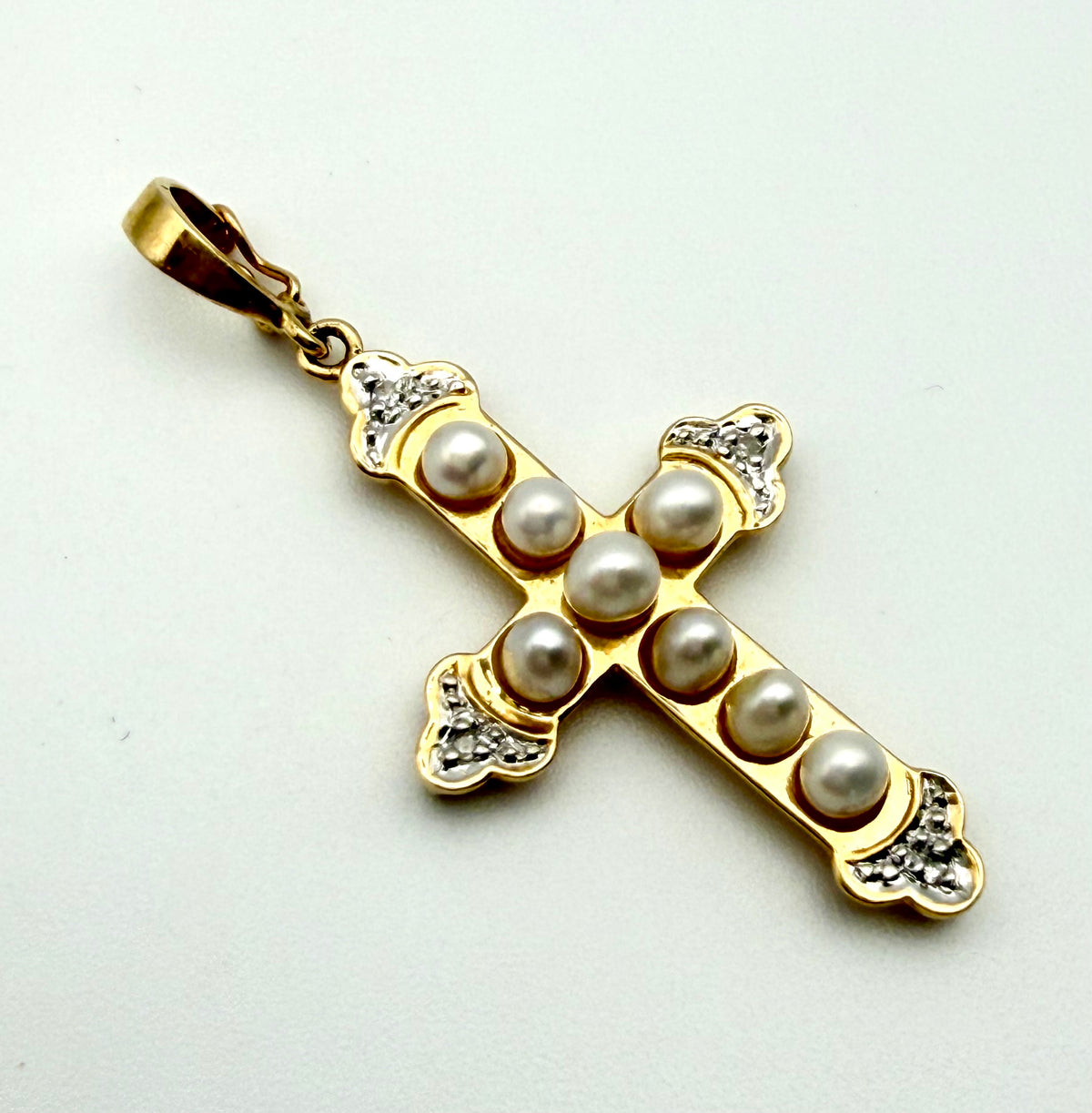 14 KT Gold Cross with Pearls & Diamonds