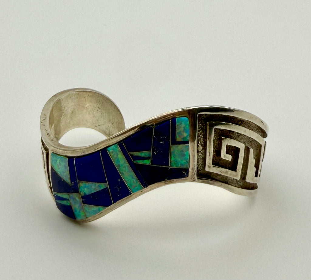 Sterling Silver Lapis & Opal Native American Bracelet Signed by Artist