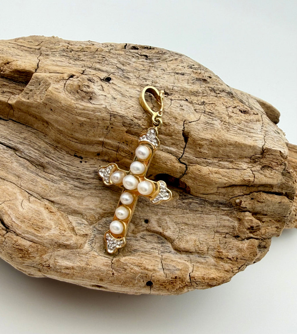 14 KT Gold Cross with Pearls & Diamonds