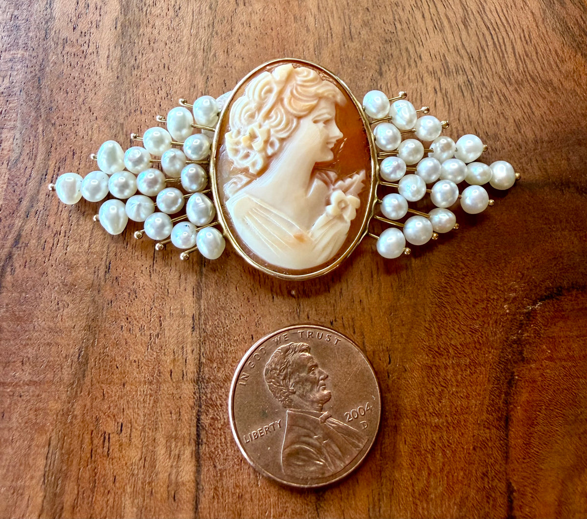 14K Gold & Pearl Cameo Brooch