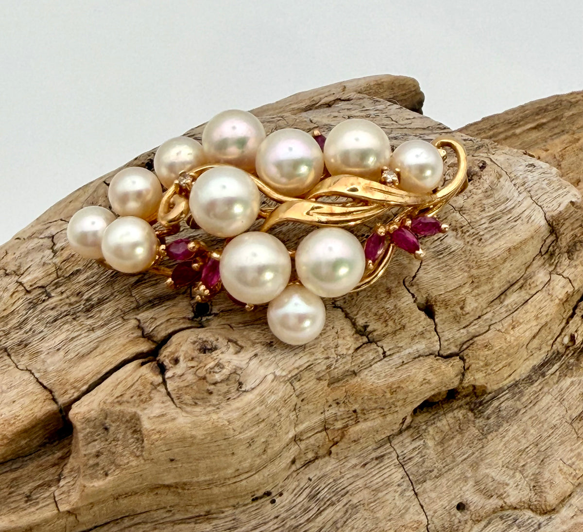 14 KT Gold Ruby & Pearl Brooch