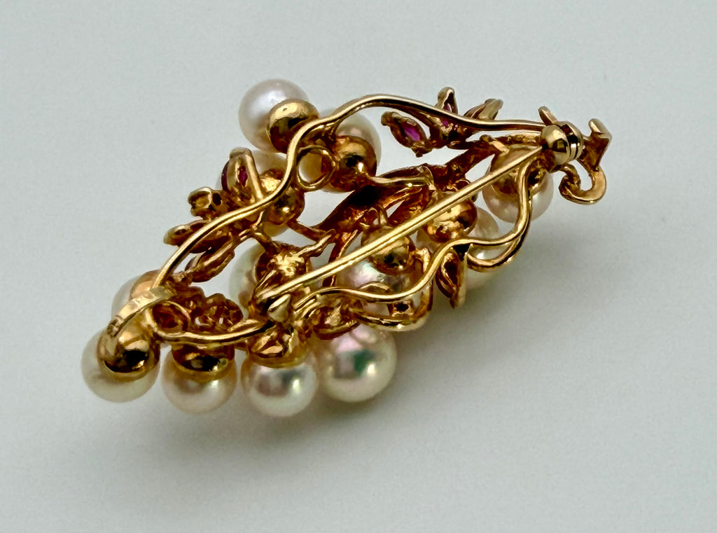 14 KT Gold Ruby & Pearl Brooch