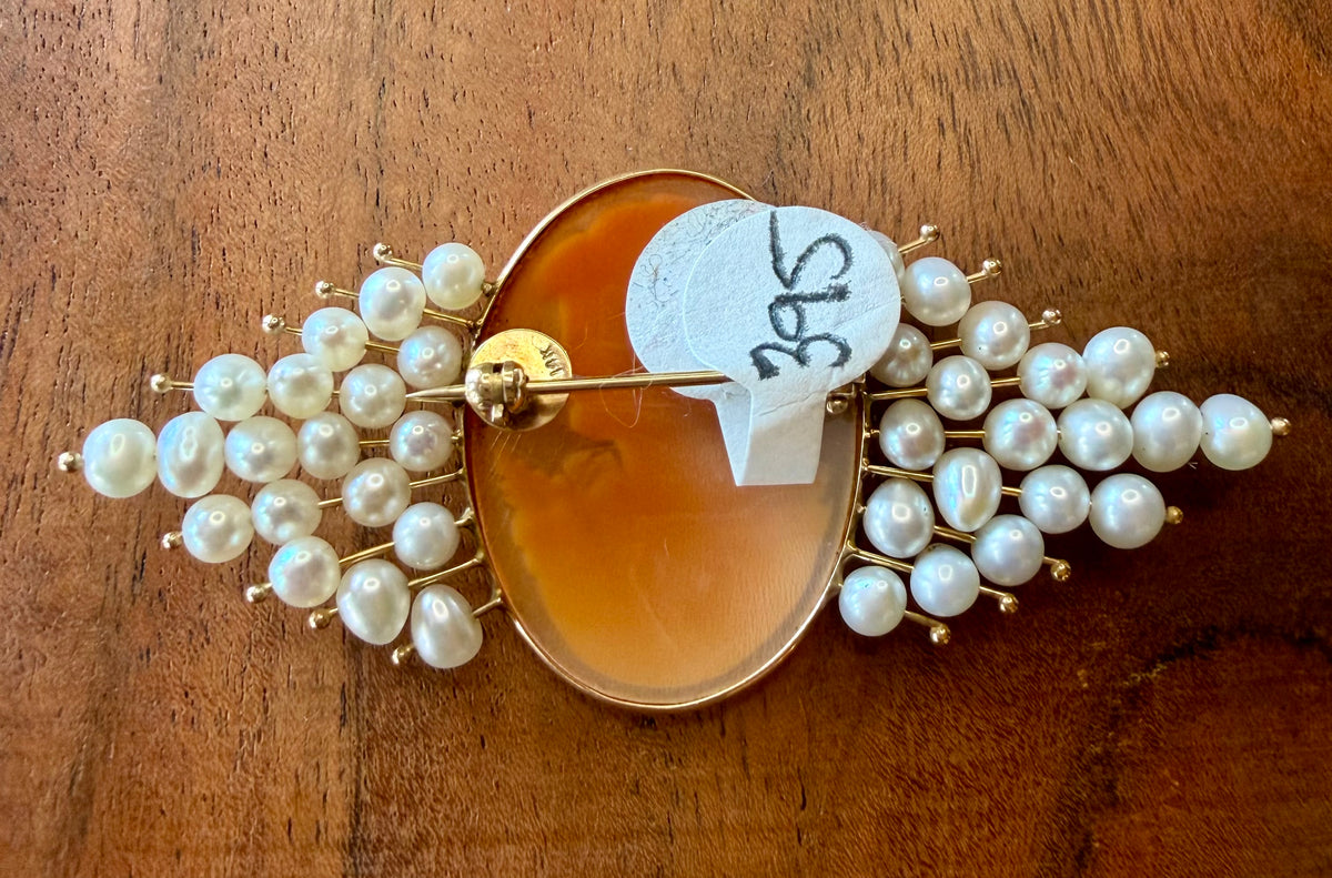 14K Gold & Pearl Cameo Brooch
