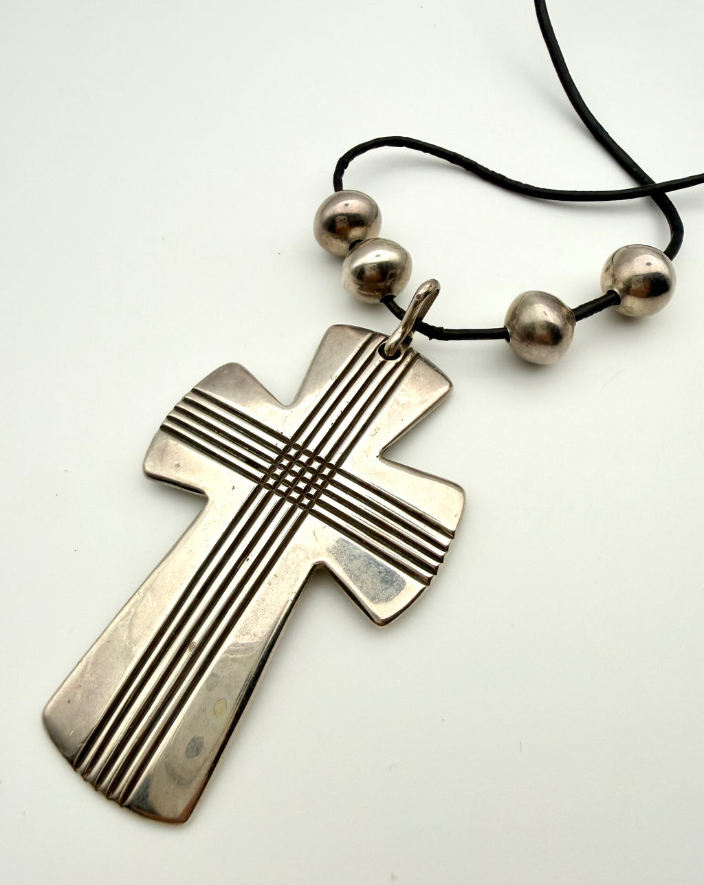 Large Sterling Silver Cross on Cord with 4 Silver Small Balls  ￼