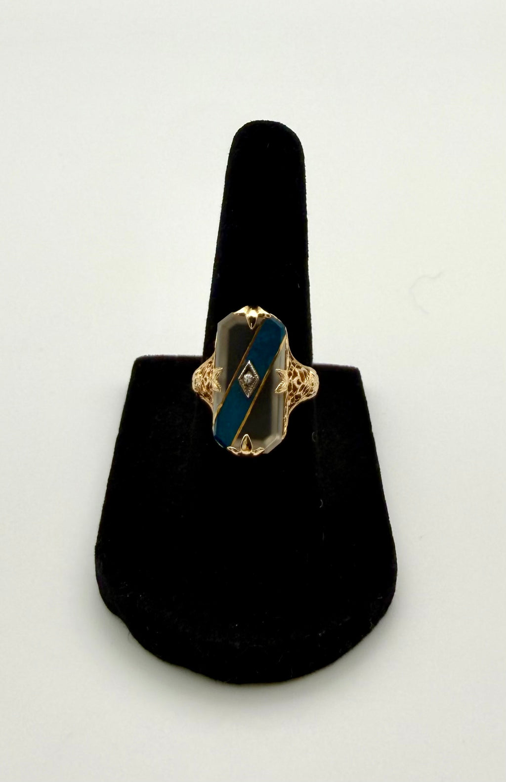 14 KT Gold Glass & Diamond Art Deco Ring