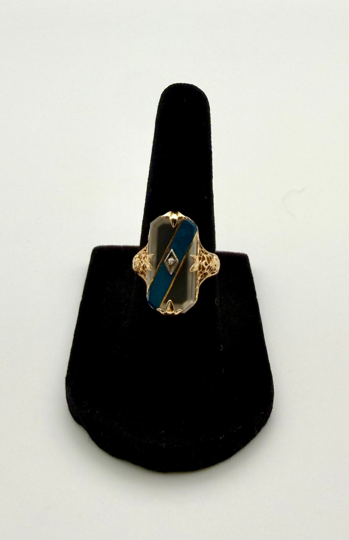 14 KT Gold Glass & Diamond Art Deco Ring