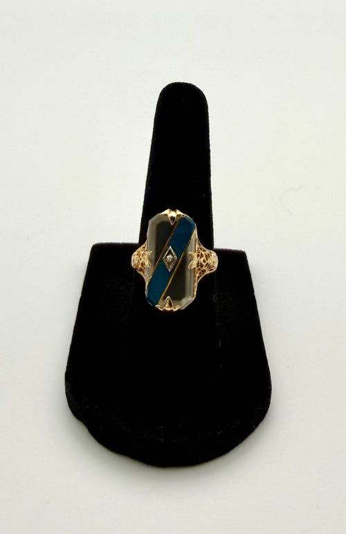 14 KT Gold Glass & Diamond Art Deco Ring