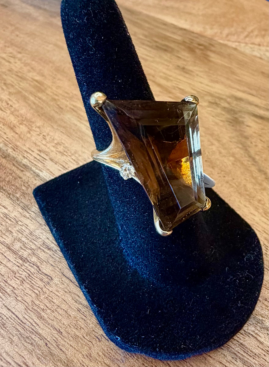 14K Gold Vintage Smokey Diamond Topaz 1970’s Ring