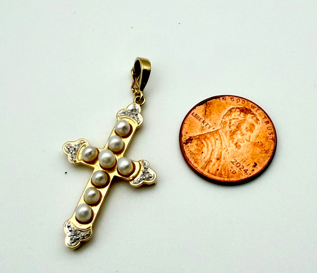 14 KT Gold Cross with Pearls & Diamonds
