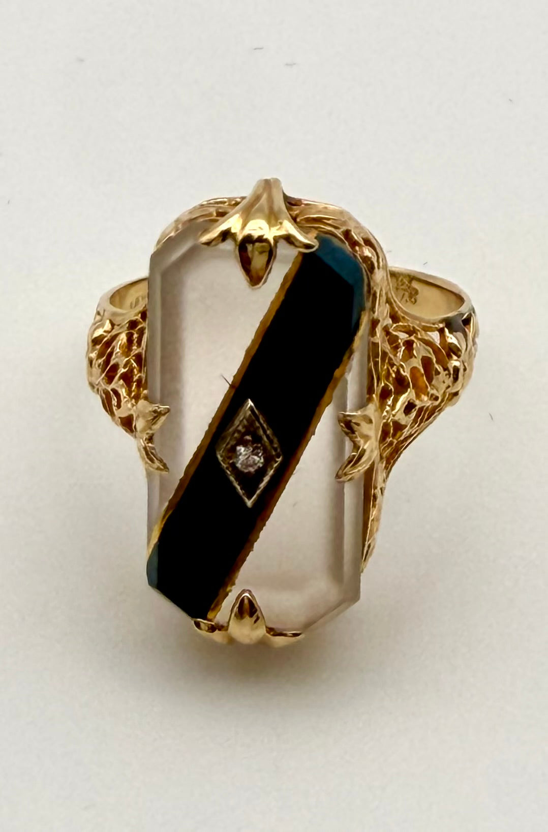 14 KT Gold Glass & Diamond Art Deco Ring