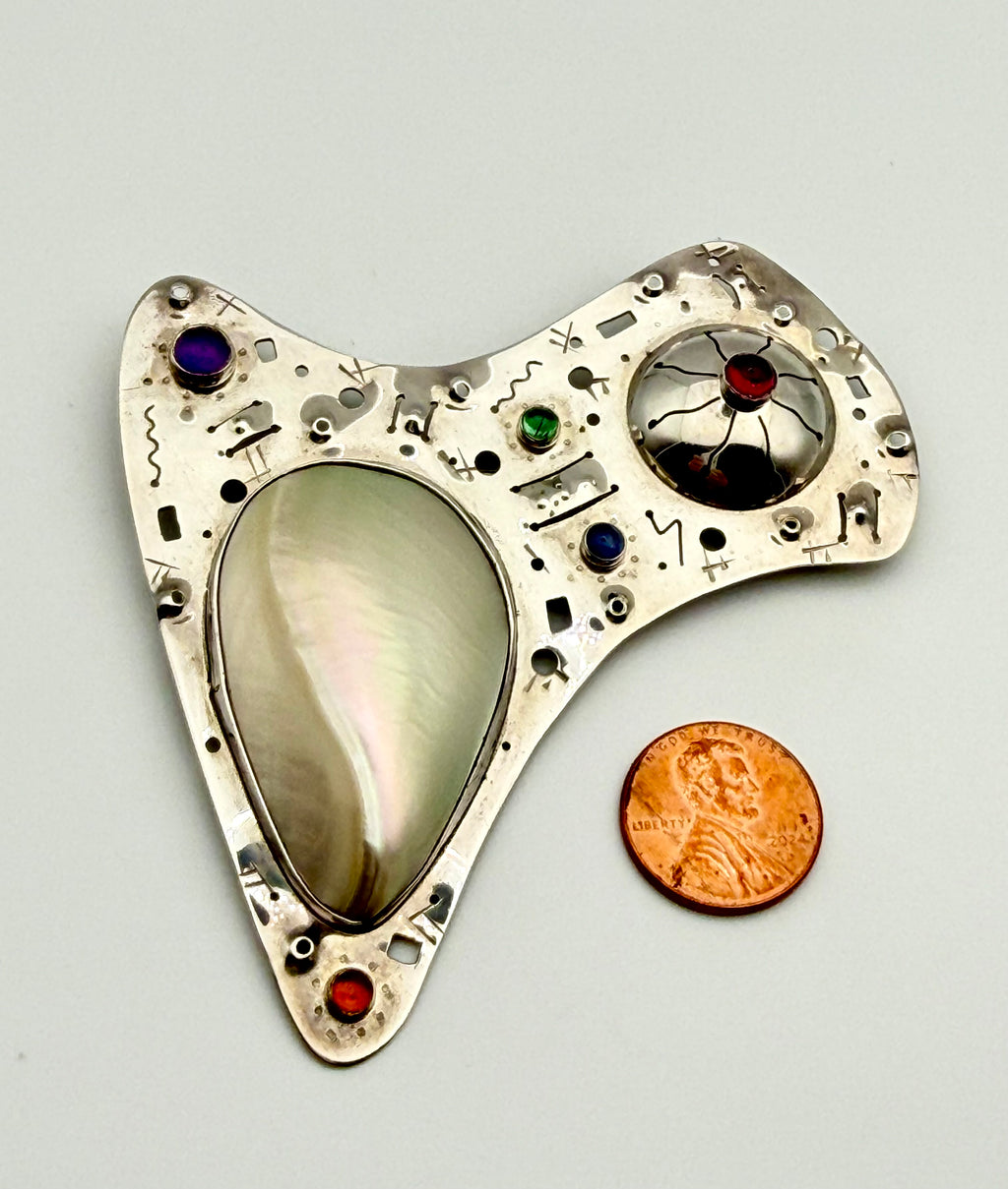 Sterling Silver Brooch With Stones & Shell Signed By Artist