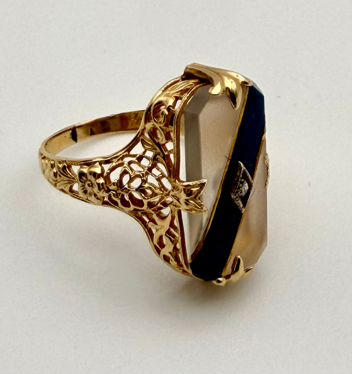 14 KT Gold Glass & Diamond Art Deco Ring