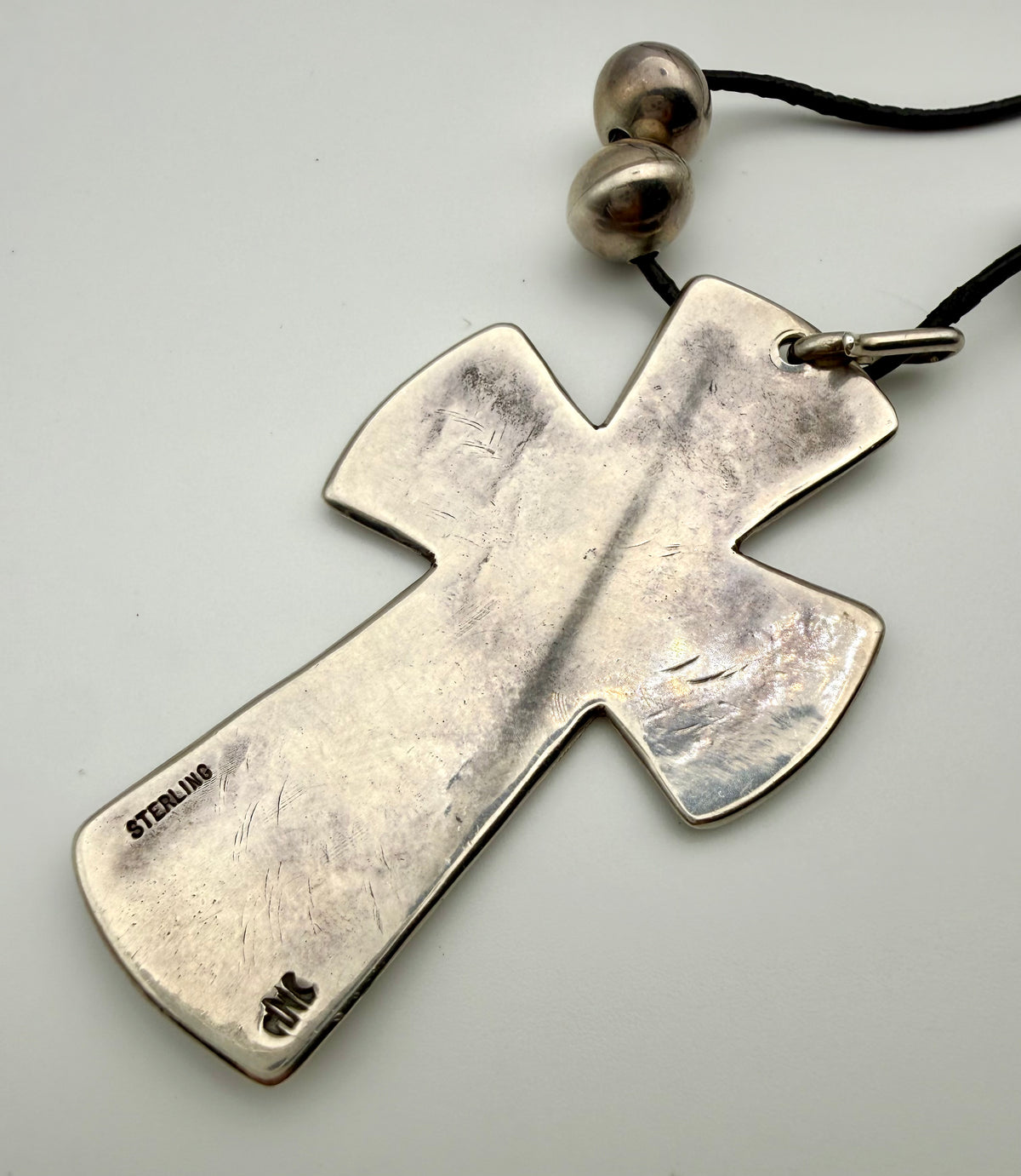 Large Sterling Silver Cross on Cord with 4 Silver Small Balls  ￼