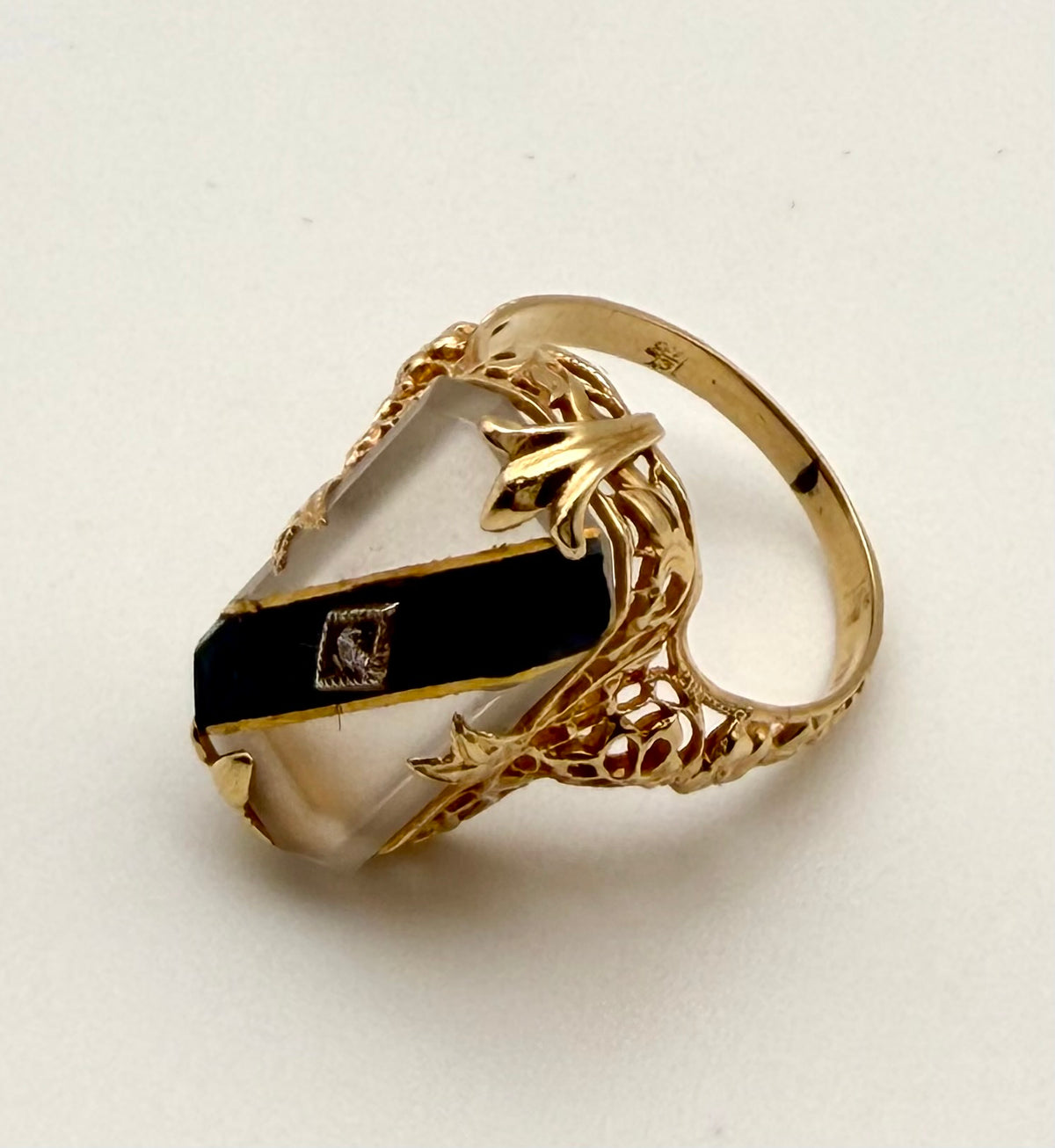 14 KT Gold Glass & Diamond Art Deco Ring