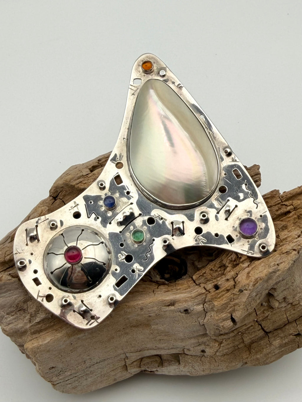 Sterling Silver Brooch With Stones & Shell Signed By Artist