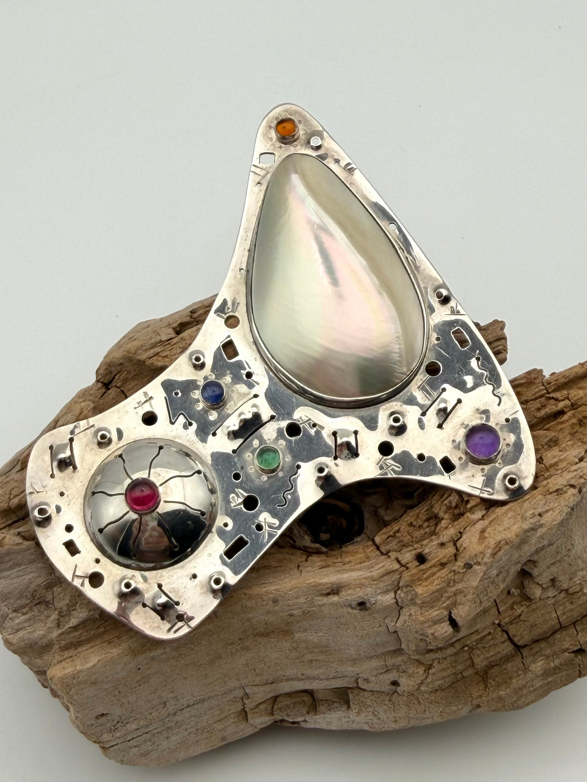 Sterling Silver Brooch With Stones & Shell Signed By Artist