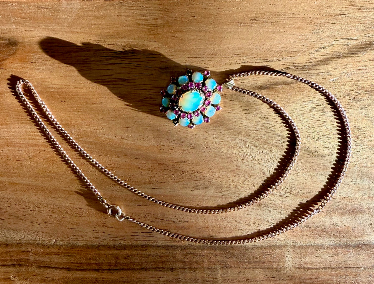 10K Gold Chain with Opal & Garnet Flower Pendant
