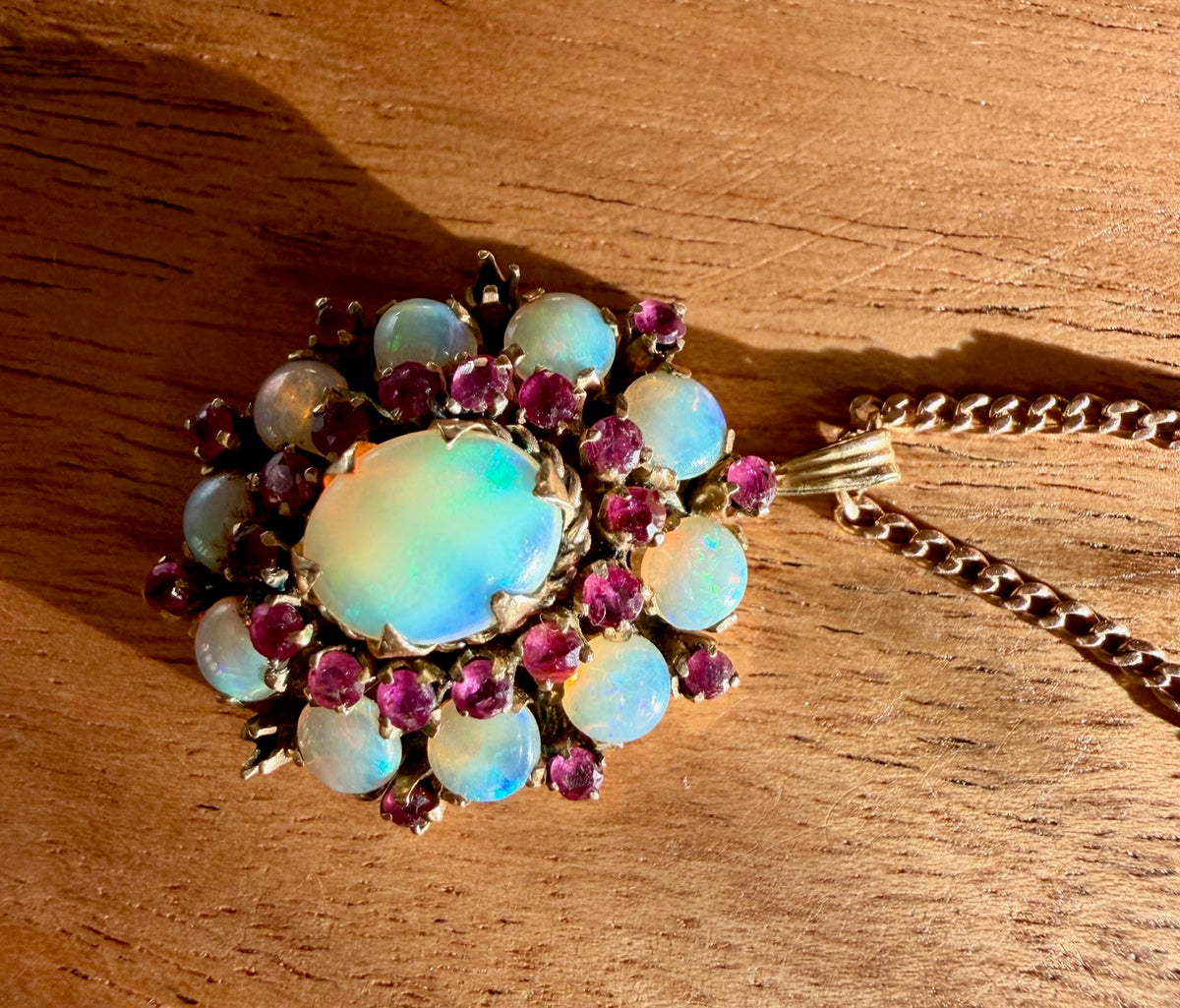 10K Gold Chain with Opal & Garnet Flower Pendant