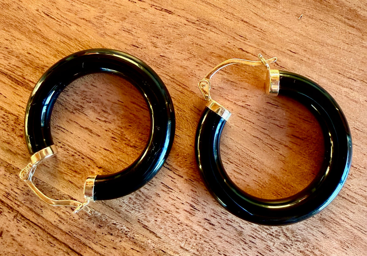 14K Gold & Black Onyx Hoop Earrings