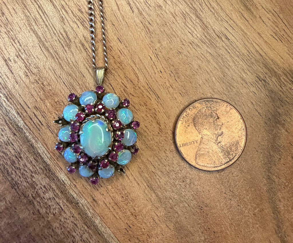 10K Gold Chain with Opal & Garnet Flower Pendant