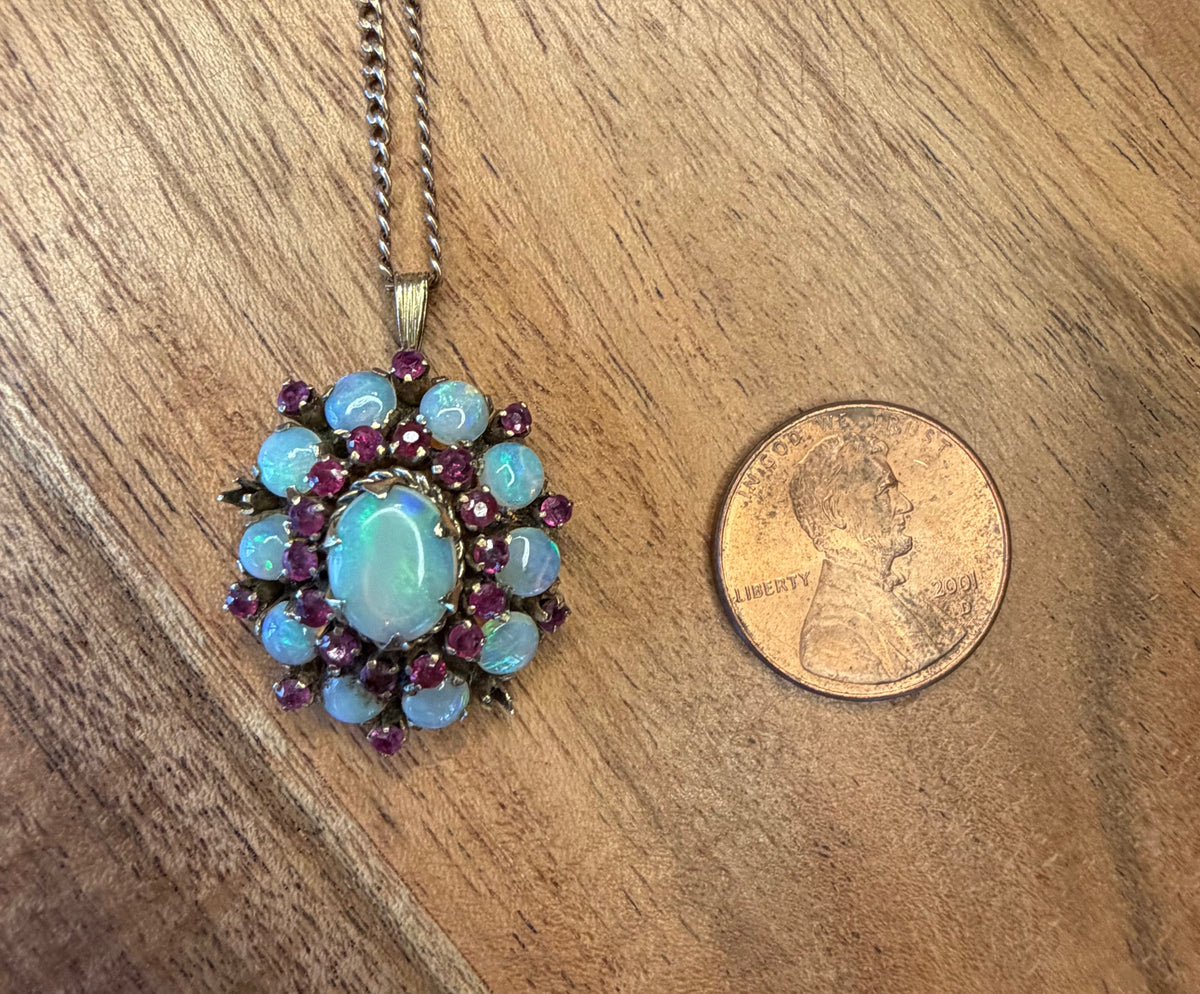 10K Gold Chain with Opal & Garnet Flower Pendant