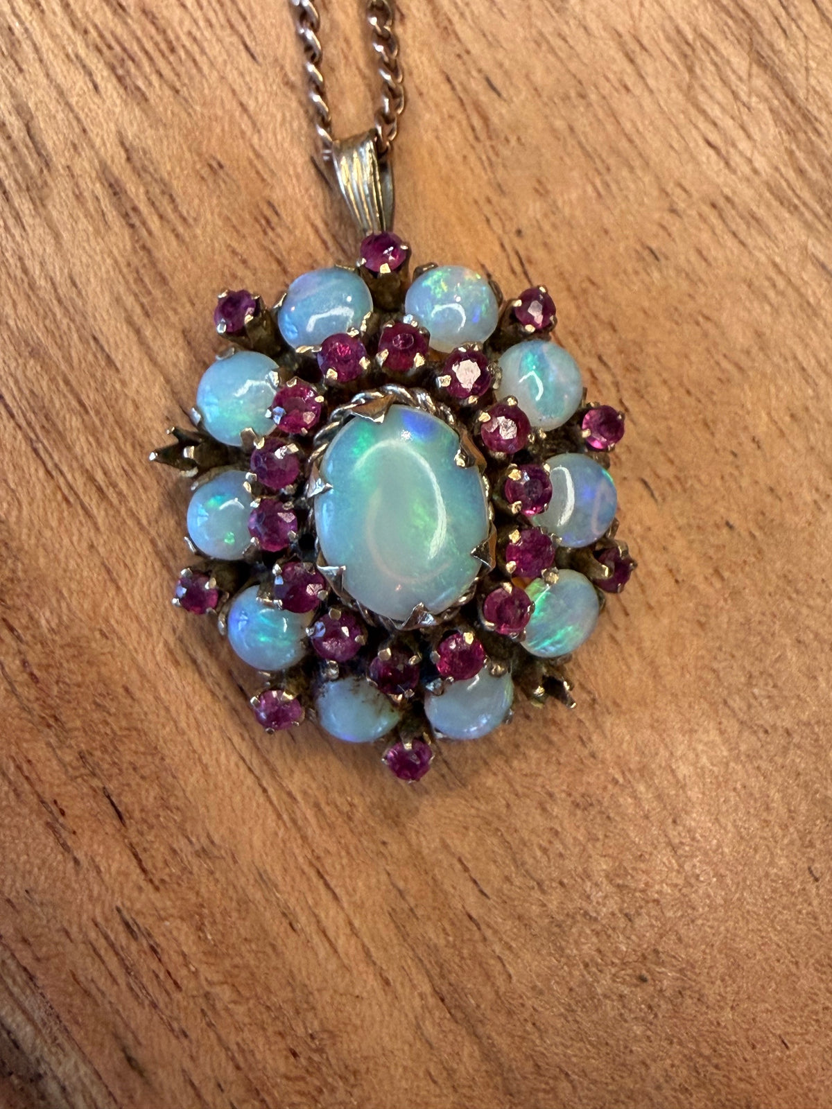 10K Gold Chain with Opal & Garnet Flower Pendant