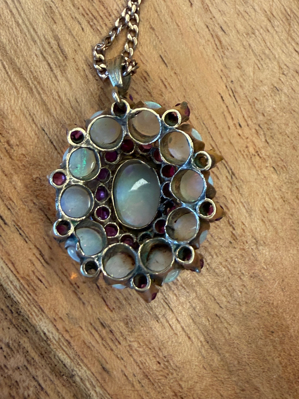 10K Gold Chain with Opal & Garnet Flower Pendant