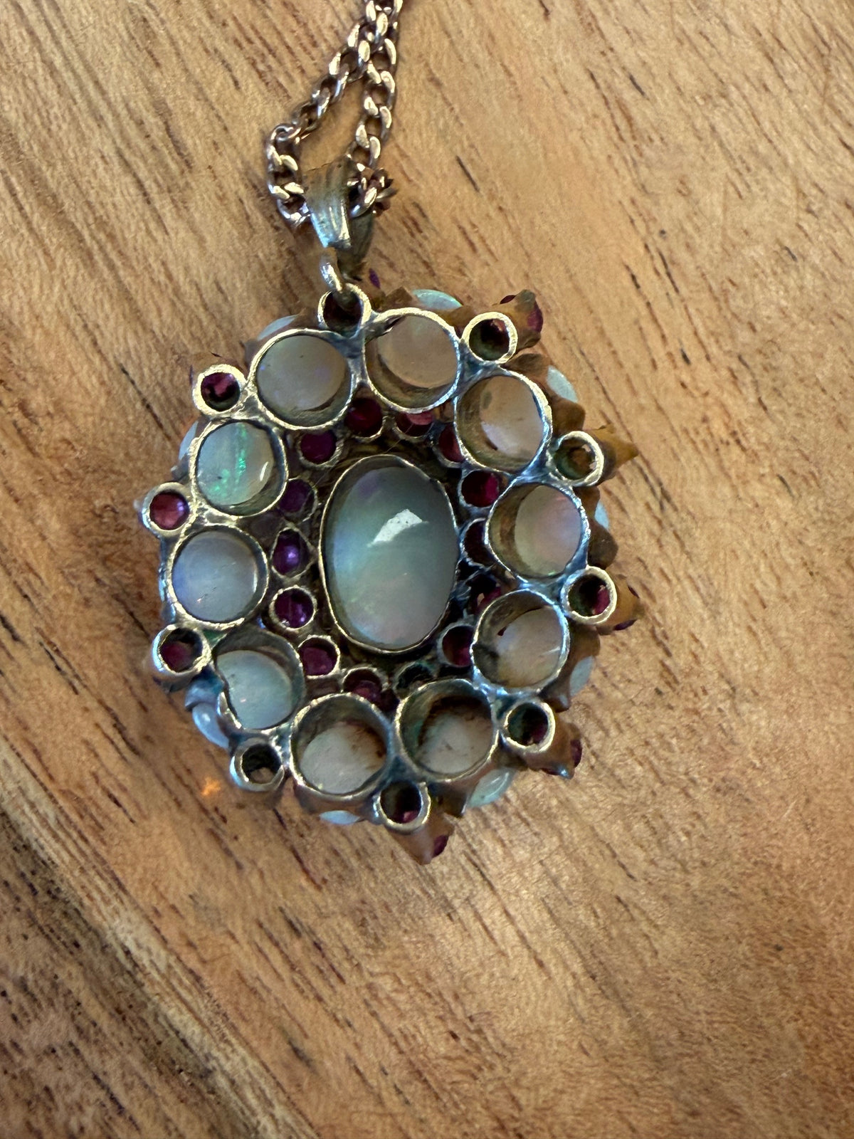 10K Gold Chain with Opal & Garnet Flower Pendant