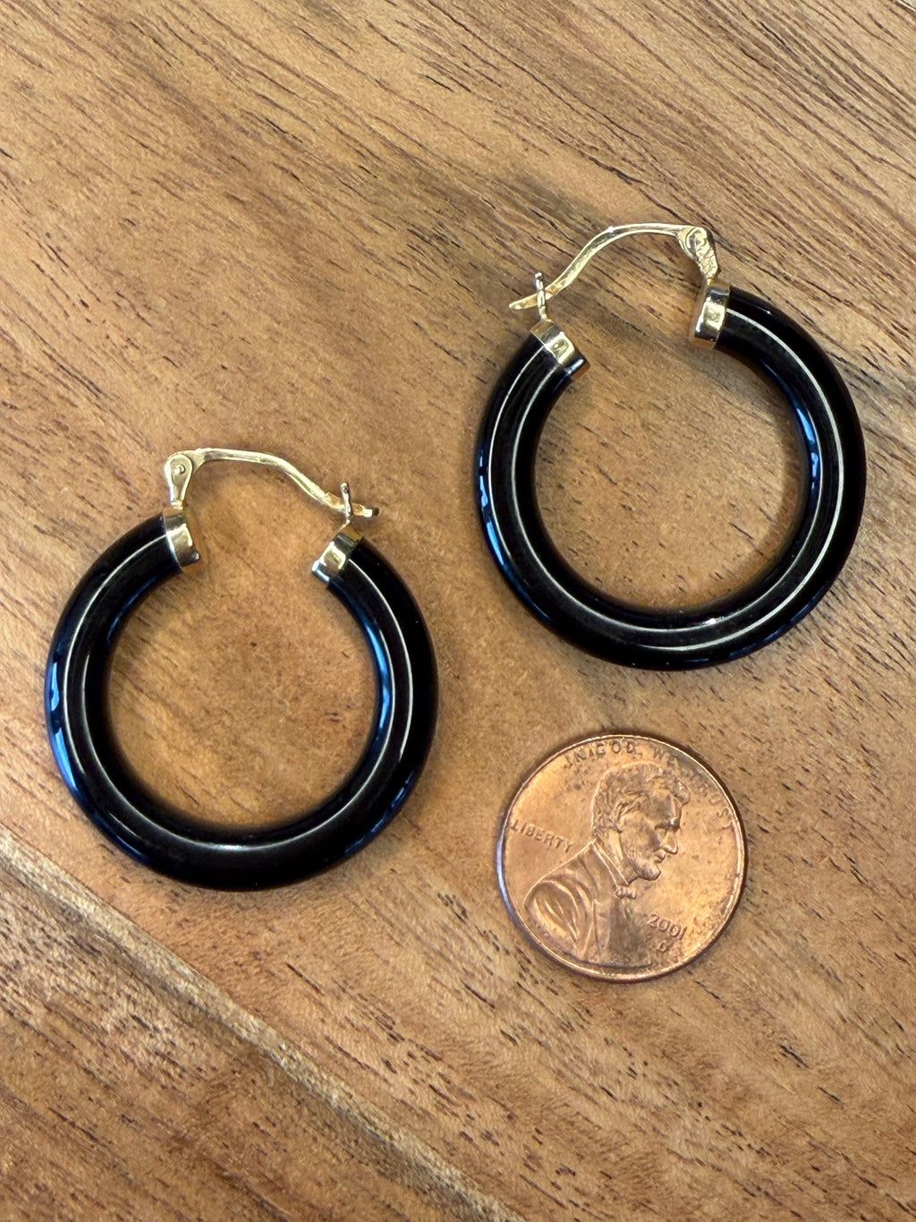 14K Gold & Black Onyx Hoop Earrings